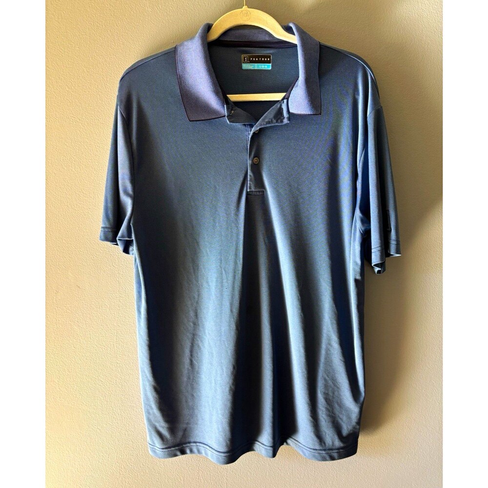 PGA TOUR Men's L Short Sleeve Solid Polo Shirt Blue Collared Golf